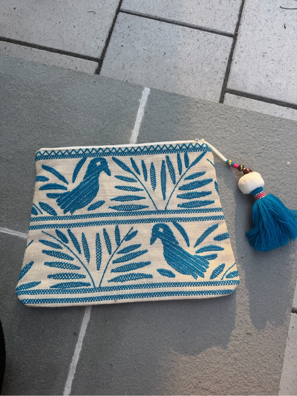 Star Mela Blue Embroidered Bird Tassel Boho Canvas Zip Bag 12" x 10" - Picture 9 of 12